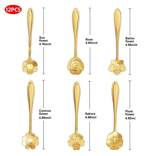 Stainless Steel Creative Flower Coffee Spoon Soup Spoons Sugar Spoons, Ice-Cream Tea Stirring Spoons 4.8 Inches Retro Dessert Demitasse Espresso Spoons Cutlery Kitchen Tableware-Set of 12 - color: Gold,Style 1