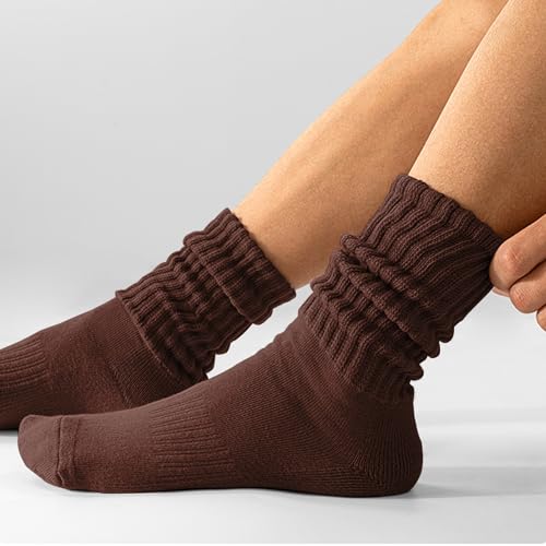 AugRing Women's Scrunch Crew Socks Retro 3-Pack Solid Cotton Boot Calf Chunky Ribbed Cozy Slouchy Socks Size 5-11 - color: 3 Pack Black/Brown/Dark Grey