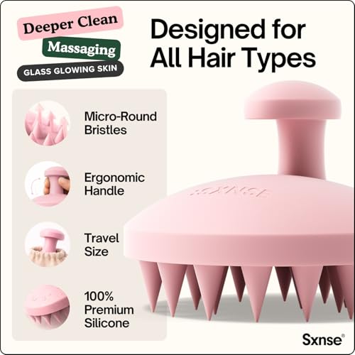 SXNSE Revive Silicone Scalp Massager - Manual Scalp Scrubber & Exfoliator Brush for Dandruff, Buildup & Itch - Scalp Shampoo Brush for Wet & Dry Hair with Soft Bristles and Easy-Grip Handle, Rose - color: Rose