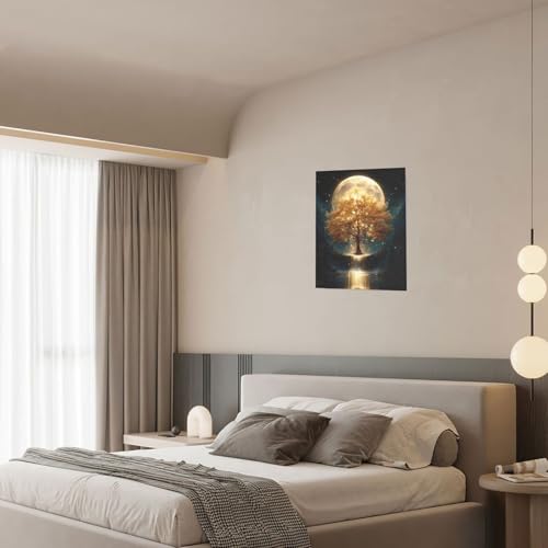 Golden Tree Wall Art Fantasy Tree with Moon and Waterfall Canvas Wall Decor Pictures Paintings Prints Mystical Nature Artwork Framed De corations For Meditation Space Bathroom Bedroom Living Room Office Gifts 12" x 16" - color: Golden Tree, size: 16"L x 1