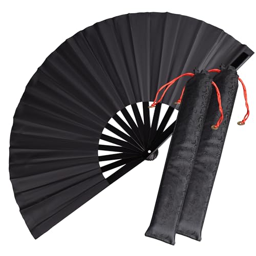Folding Hand Fan with Bamboo, Chinese Japanese Fan for Festival, Dance, Gift, Performance, Decorations (Black 2p+case) - color: Black bamboo
