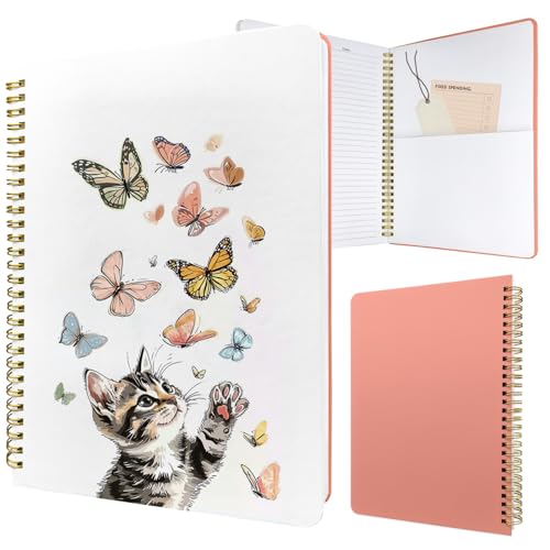 Cute Spiral Notebook Lined Journal B5 Note Book with Pocket, Cat - color: Cat Butterfly
