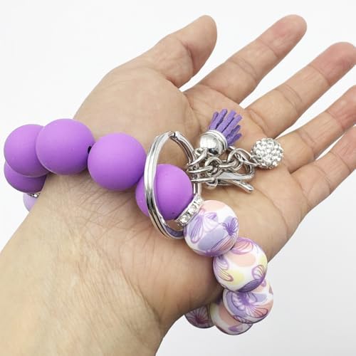 Unpafcxddyig Silicone Bead Keychain Bracelet Wristlet Key Ring - color: Rainbow Purple