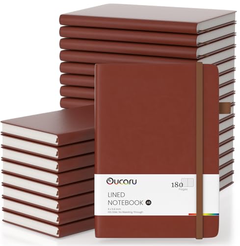 Oucaru Bulk 24 Pack A5 Lined Journal Notebook Set, 180 Pages 100 GSM Paper - color: Brown, size: 24 Pack
