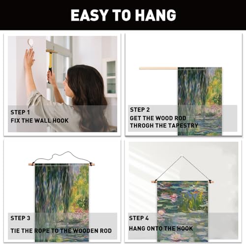 PLIGREAT 2 Pack Oil Painting Tapestry with Tassels, Lotus Pond Art Wall Hanging Vertical Monet Style Home Wall Tapestry for Bedroom Living Room Long Narrow Decor, 52" x 13" - color: blue,green