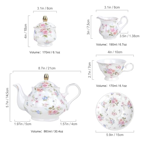 fanquare 21 Piece Vintage Pink Blue Floral Porcelain Tea Set with Gold Trim