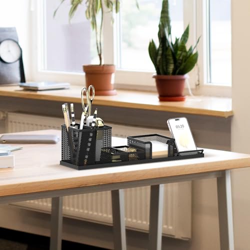 Pen Holder for Desk, 6-Piece Mesh Desk Organizer with Phone Holder, Black - color: Black