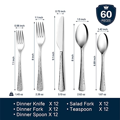 Silverware Set for 12, 60 Piece Flatware Set, 18/10 Stainless Steel - color: Silver, size: 60-Piece