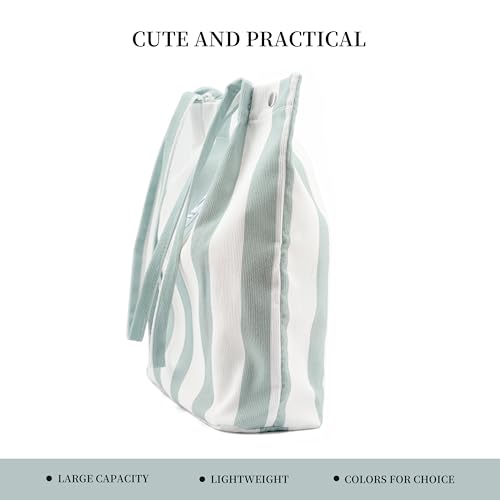Corduroy Tote Bag Cute Tote Bags for Women Shoulder Bag with Inner Pocket for Work Beach Travel and Shopping Grocery - style: Green and White Stripes