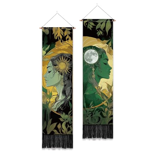 PLIGREAT 2 Pack Sun Moon Tapestry with Tassels, Aesthetic Goddess Art Wall Hanging Vertical Green Plants Home Wall Tapestry for Bedroom Living Room Long Narrow Decor, 52" x 13" - color: green,yellow