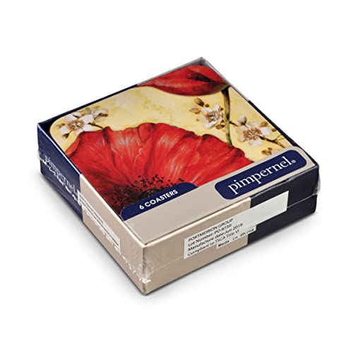 Pimpernel Red Poppy Blossoms Coasters, Set of 4 (4" x 4") – Cork-Backed Board with Bright Floral Artwork, Heat & Stain Resistant Drink Mats for Dining, Coffee Tables & Home Decoration - size: 4" x 4" Square, style: Poppy de Villeneuve