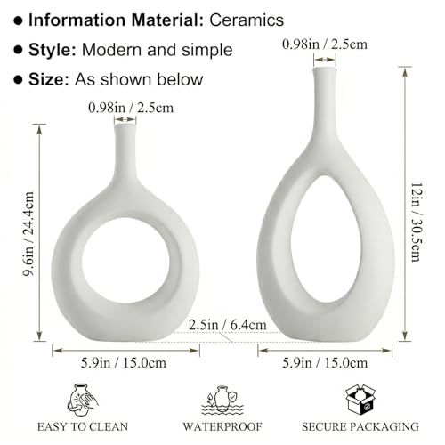 White Ceramic Hollow Elliptical Vase Set of 2 - Boho Circle Vase with Hole, for Modern White Table Decor, Living Room Decor Shelf mid Century Modern Home Entrance Decorative vase - color: White