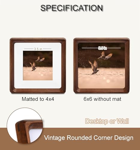Square 6x6 Picture Frame, USA-Sourced Natural Walnut Wood with Real Glass, Handcrafted Rounded Corners, Matted to 4x4 Photo, Gallery Wall and Tabletop Display - color: Walnut, size: 6X6