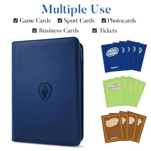 Premium Zip Card Binder, Fabmaker 9 Pocket Trading Card Binder PU Cover - color: Navy Blue, size: 9 Pocket - 13.9" x 10.5"