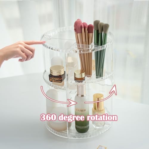 360 Degree Rotating Makeup Organizer, DIY 8 Adjustable Layers Spinning Skincare Organizer, Cosmetic Display Case with Brush Holder Perfume Tray
