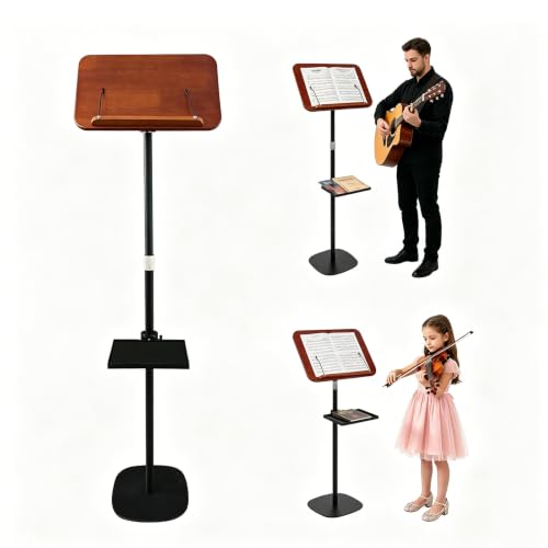 Adjustable Wood Music Stand, 2 in 1 Floor Book & Cookbook Stand with Tray