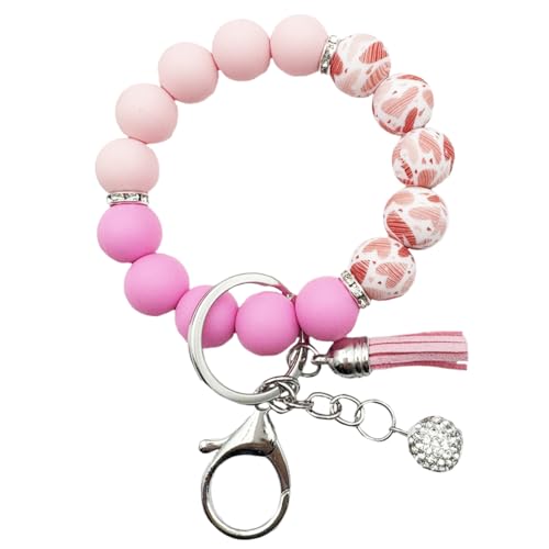 Unpafcxddyig Silicone Bead Keychain Bracelet Wristlet Key Ring - color: Rainbow Pink Rose