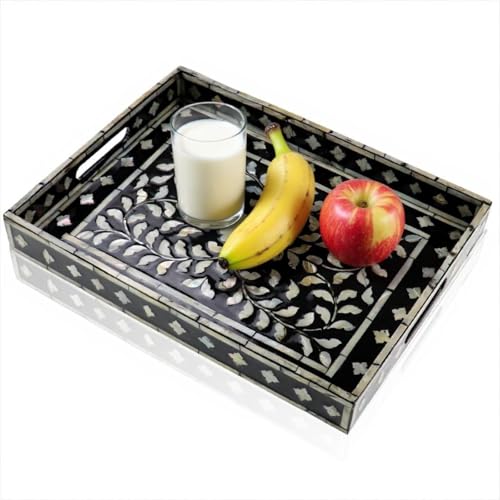 Rectangular Mother of Pearl Serving Tray, Handmade Ottoman Decorative Shell Tray with Handles for Fruit Bread Tea Breakfast Coffee Table Party Home Decor (Black Wicker Butterfly) - color: Black Wicker Butterfly