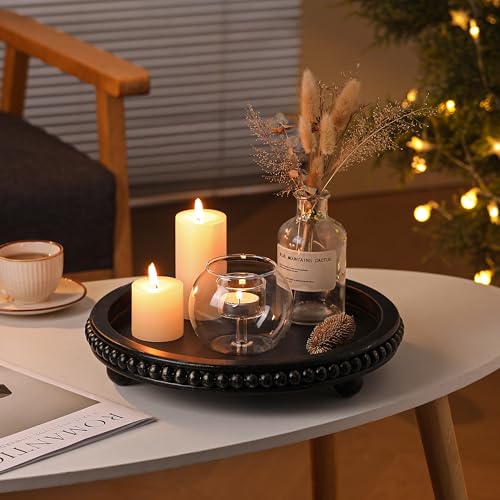 Black Round Wooden Tray for Decor, Rustic Farmhouse Centerpiece - color: Black