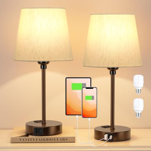 Brown Bedside Lamps Set 2 for Bedroom - Dimmable Touch, USB C+A, AC Outlet - color: Brown