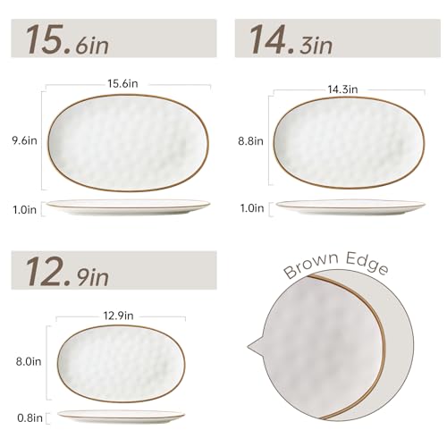 Ceramic Oval Serving Platter with Brown Rim: 15.6/14.3/12.9 Inch Large Serving Dishes for Entertaining Party, Turkey, Steak, Ham, Microwave Dishwasher Safe - color: White, size: Oval