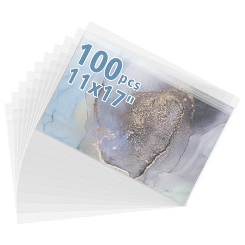 Golden State Art Acid Free Crystal Sealed Clear Bags, 11x17 inches,100 Pack - size: 11x17