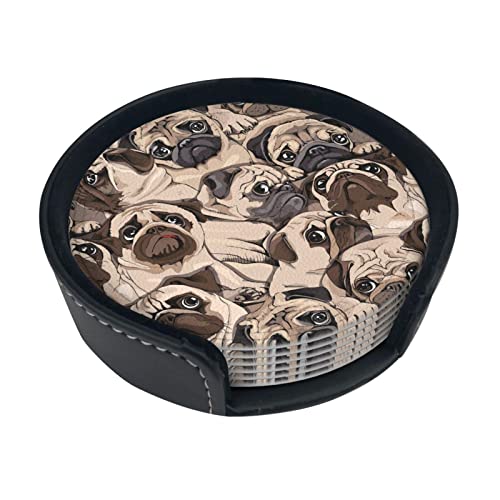 6 Pcs Leather Coasters for Drinks with Holder Humor Pugs Dogs Coaster Sets Drink Table Cup Coasters for Kitchen Coffee Decor - color: Humor Pug Dogs