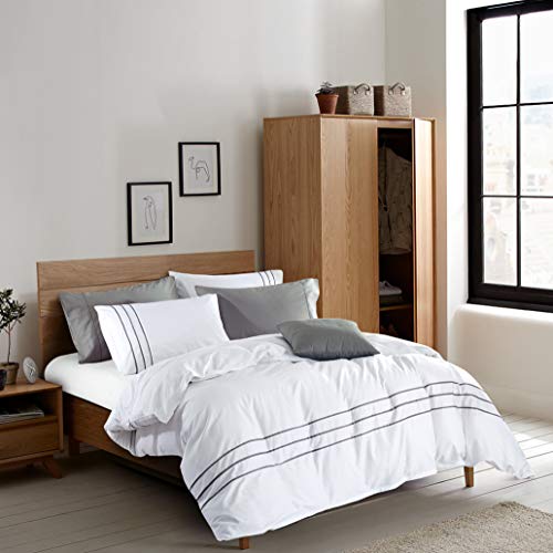 Karen 3 Pieces White Duvet Cover Set Without Filling Grey Stripe Trim 100% Egyptian Cotton 300 Thread Count Soft Sateen Hotel Collection Zipper Closure Corner Ties (White Grey, Queen)… - color: White Grey, size: Queen