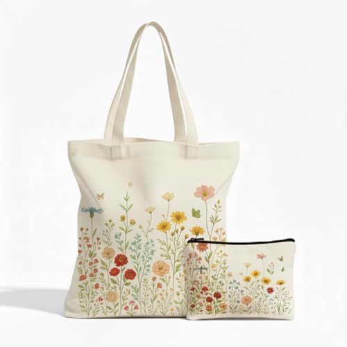 Aesthetic Canvas Tote Bag for Women – Minimalist Open-Top Design, Perfect for Books, Daily Errands and Gifting. - color: Wildflower Garden