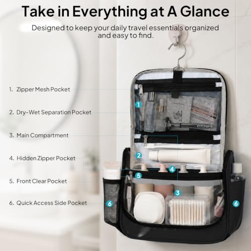 Travel Toiletry Bag for Women & Men, Waterproof Hanging Makeup Organizer - color: Black