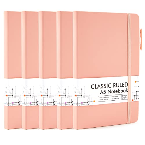 feela 5 Pack Notebooks Journals Bulk, Hardcover Classic Ruled Lined Journals with Pen Holder for Women Girls School Business Supplies, with 5 Black Pens, 120 GSM, 5.1”x8.3”, A5, Light Coral - color: 5 Light Coral