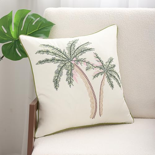 Embroidered Throw Pillow Covers 18x18 Pack of 2 Green and Pink - color: Green Pink Coconut Trees