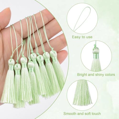 Mini Tassel Charms, 90pcs Green Tassels with Hanging Loop Mini Tiny Handmade Craft Tassels Charms for DIY Jewelry Necklace Making Accessories - color: Light Green-10cm