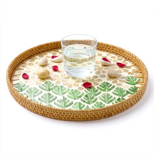 13.8" Round Mother of Pearl Inlay Rattan Forest Green Design Serving Tray - color: Forest Green