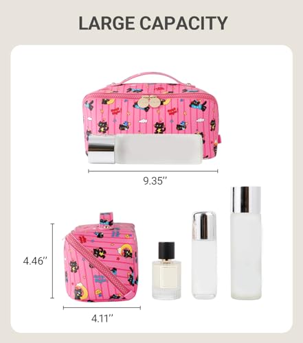 Aveniee Travel Makeup Bag for Women, Large Cosmetic Organizer with Open-Flat Design, Clear Divider & Handle - Waterproof PU Leather Toiletry Case (Moon Cat Pattern) - style: Mooncat