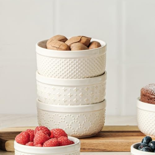 Ramekins 6 oz, Set of 6 Small Ceramic Bowls with 3 Embossed Patterns - size: 6 oz