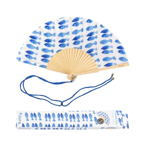 Fisura – Original Folding Fan with Fish Print. Modern and Colorful Wooden Folding Fan. Blue & White Folding Fan. Includes Strap. Fun Gift idea. 16.7 x 9 in. - color: Blue