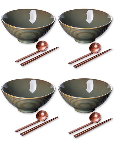 Large Japanese Ramen Bowl Set of 4, Material Safety Ceramic Ramen Bowls with Matching Chopsticks and Spoons, 8 Inch 40oz Pho Bowls Ramen Noodle Bowl for Asian Udon Soup Salad Cereal(Retro Cyan) - color: Retro Cyan-4 Bowl Set
