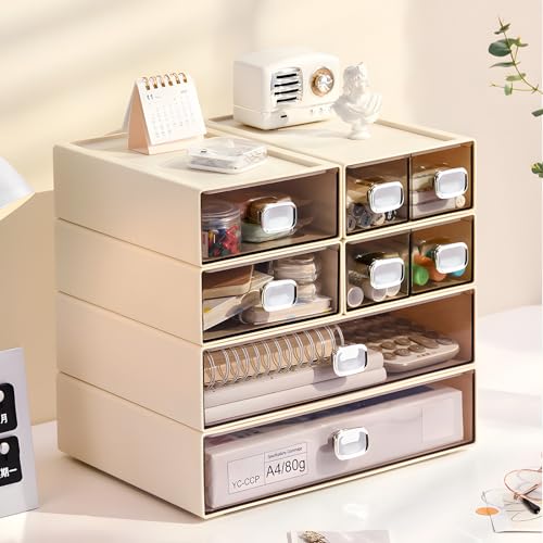 Desktop Storage Drawers, Plastic Countertop Printer Paper Organizer - color: 4 Mixed Drawers, Cream