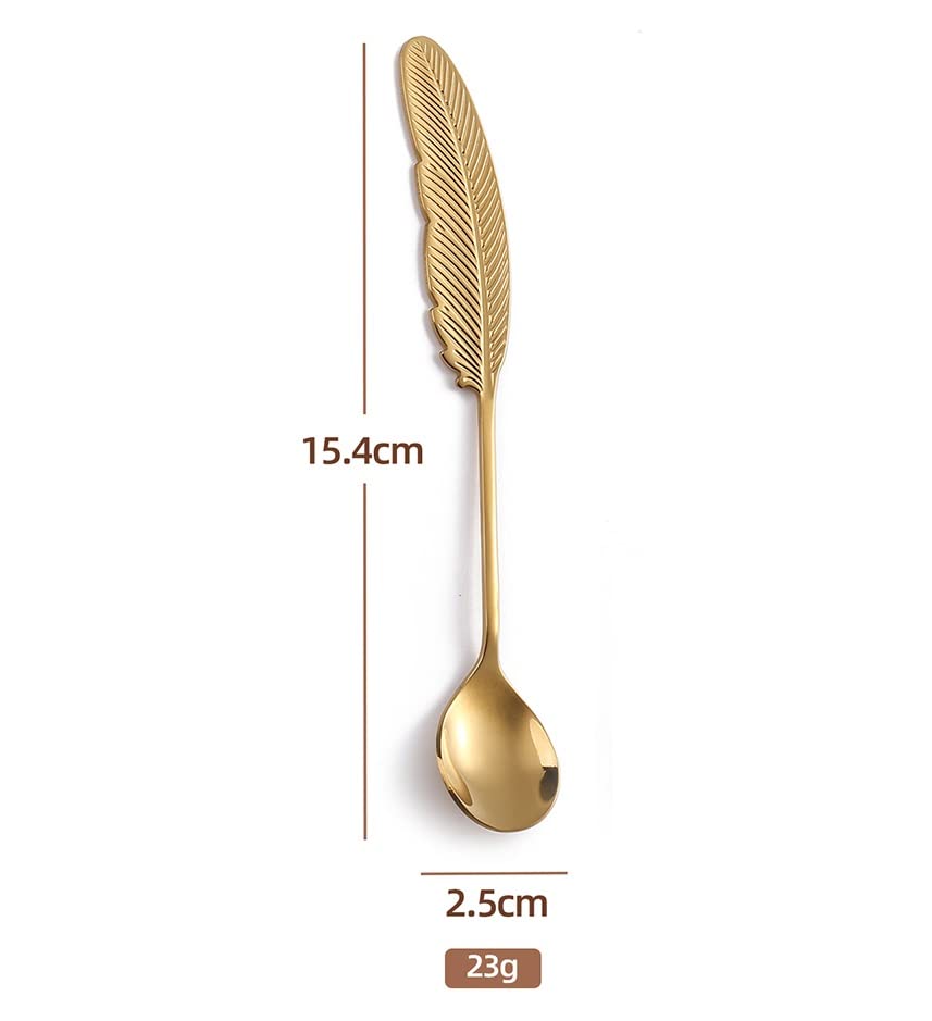 10 Pieces Dessert Spoons Stainless Steel, Cute Gold Teaspoons Set, Espresso Spoons for Coffee Tea Ice Cream Cake Pudding Dessert Condiment, Coffee bar Stirring Spoons, Feather Shape 6.1 inch - size: Gold