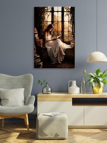 uoyien Vintage Victorian Girls Reading Portrait Canvas Wall Art Prints Dark Cottagecore Pictures Wall Decor Moody Bookish Paintings Artwork for Library Reading Room Bedroom 16x24in Wrapped Canvas - color: Brown, size: 16x24in Wood Framed