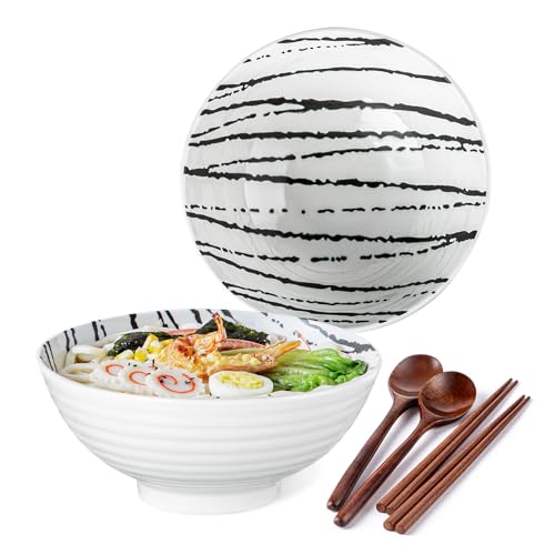 YUN TAO Pho Bowls Set of 2, 40 Oz Large Soup Bowls, White Ceramic Ramen Bowls with Chopsticks and Spoons, Deep Asian Noodle Bowls for Home Use