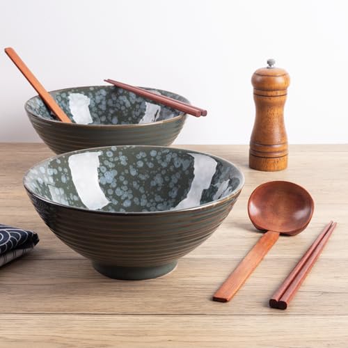 40oz Japanese Ceramic Ramen Bowl Set of 2 with Chopsticks and Spoons for Pho Udon Asian Soup Noodles (Jade Speck) - color: Jade Speck
