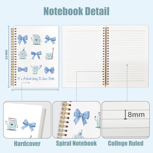 WUCHJ Dentist Gifts Notebook, Dental Hygienist Gifts Journal, Coquette Blue Bow Cute Tooth Spiral Notebook Journal for Note Taking, Dentist Office Supplies, 5.5x8.3 Inch - color: blue bow teeth