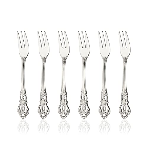 Cake Forks Set of 6 Stainless Steel Cocktail Forks, 3-Tine Portable Appetizer Small Forks, 5.1 Inch Dessert Forks Metal Fruit Salad Tasting Forks, Kitchen Silverware, Mirror Polished - size: Tea Fork 6 Pieces