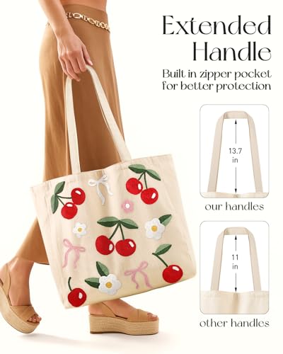 Miss Adola Embroidery Canvas Tote Bag with Pocket & Buckle - color: Cherry