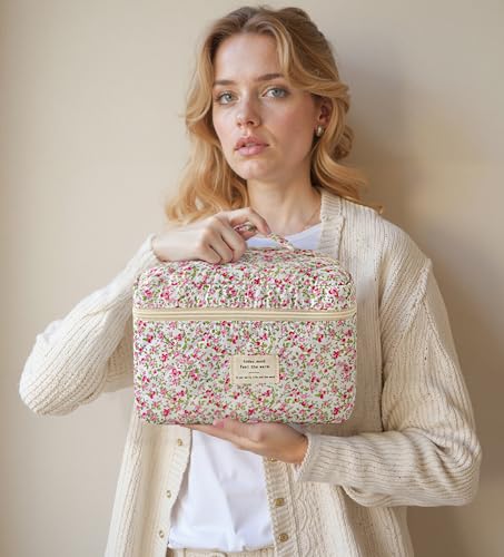 HBselect Quilted Makeup Bag, 3Pcs Cotton Large Travel Makeup Bags Organizer - color: A-3PCS-Floral 19