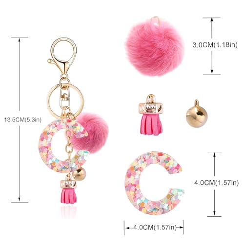 Resin Alphabet Initial Letter Keychain Keyring for Women Purse Handbags With Fur Ball Pom - color: Deep Pink Fur Ball Letter C