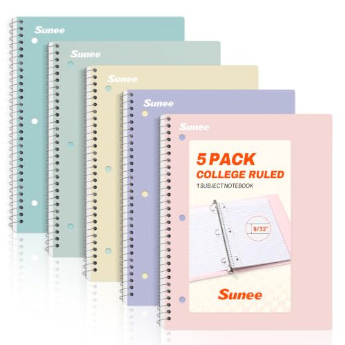 SUNEE Spiral Notebooks, 1-Subject, 5 Pack, College Ruled Paper, 8" x 10-1/2", 70 Sheets per Notebook,3-Hole Punched Paper, Pink,Purple, Blue, Green, Yellow Spiral Lined Notebooks for School,Work - style: Pastel | 5 Pack