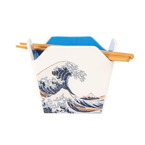 Urban Tokyo Chinese Takeout Box Style Porcelain Bowl With Chopsticks 18 fl oz Square Shape Rice Noodles Pasta To Go Box Shaped Bowl Microwave Dishwasher Safe (Great Wave) - color: Great Wave
